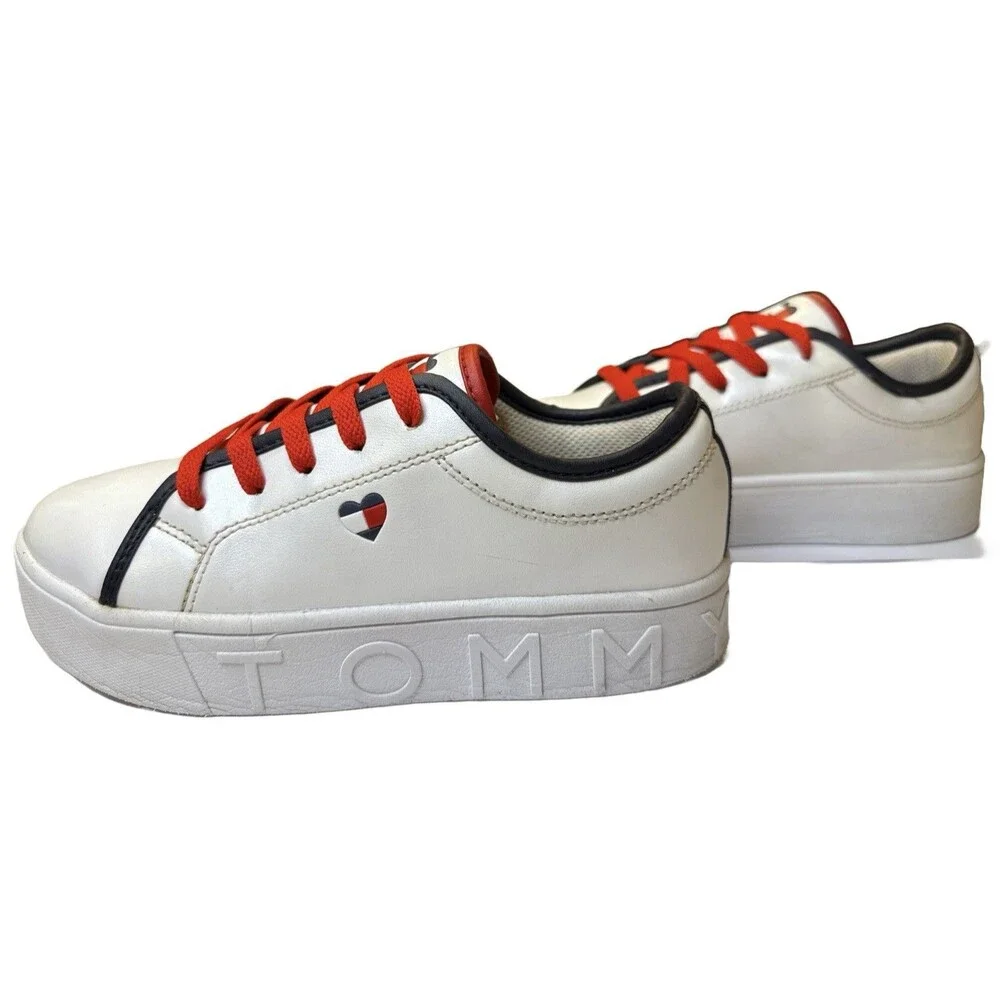 Tommy Hilfiger Girls Platform Sneakers Size 3 Youth White Red Laces Heart Logo